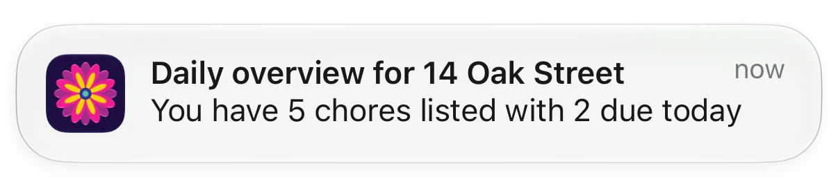 A Casita notification: you have 5 chores listed with 2 due today